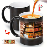 Keramiktasse mit magischem Bücherregal und Temperatureffekt